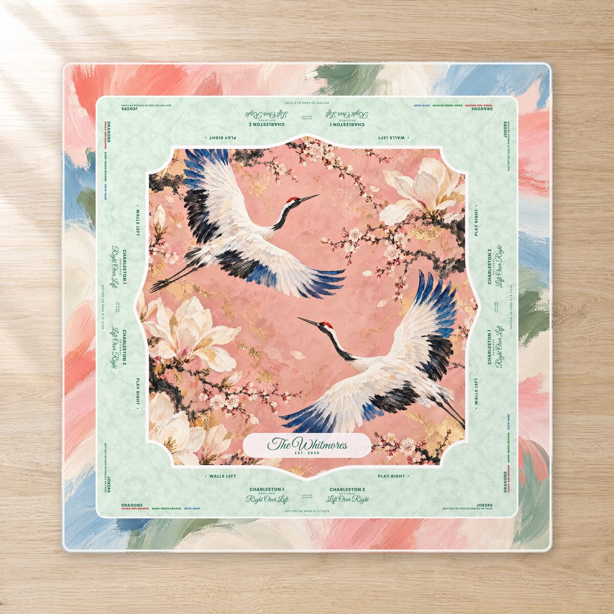 The Jess mahjong mat: blush pink cranes with a name banner